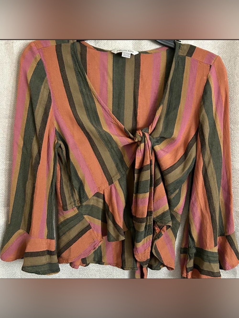 American Eagle Outfitters Olive, Rust & Mauve Striped Tie-Front Blouse